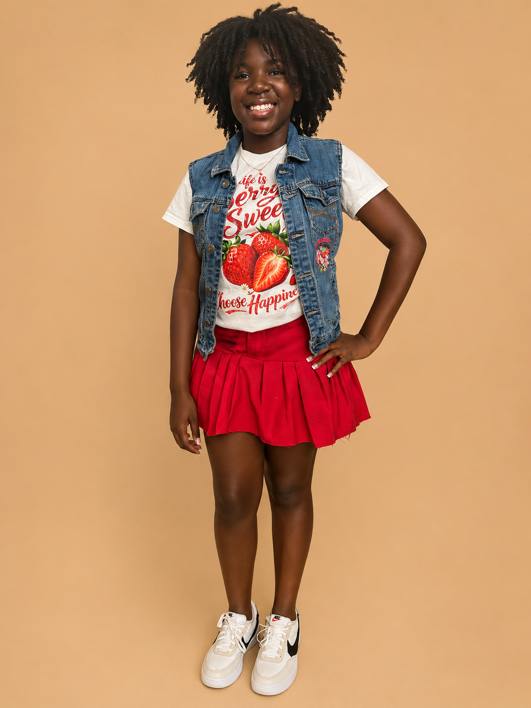 Red Pleated Denim Skirt
